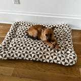 Small brown dog lying on a geometric-patterned pet bed on hardwood floor next to a white wall